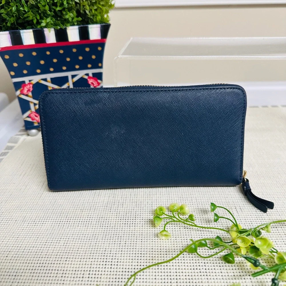 Tory Burch Robinson Saffiano Leather Zip Around Wallet in Blue Multipockets